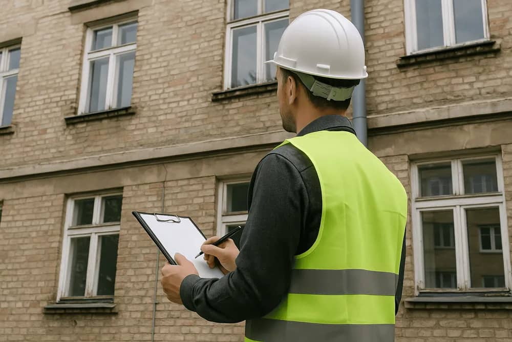 Ingénieur observant la façade en brique d'un immeuble ancien