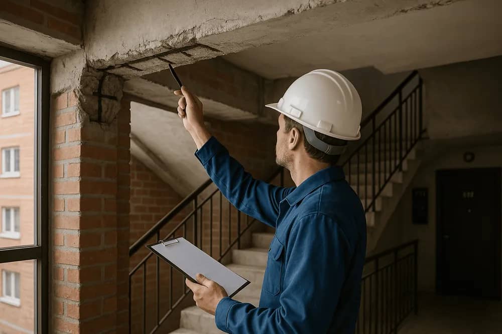 Ingénieur examinant le linteau d'une ouverture dans une cage d'escalier en brique